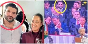 Juan Pablo Penilla con Claudia Sheinbaum y durante un evento con AMLO.
