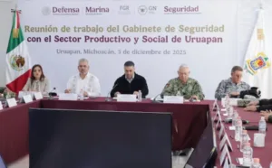 Grecia Quiroz, alcaldesa de Uruapan, en reunión con autoridades federales.
