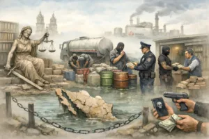 Impunidad, huachicol fiscal y extorsión hunden a México en la corrupción. (Imagen creada con IA)