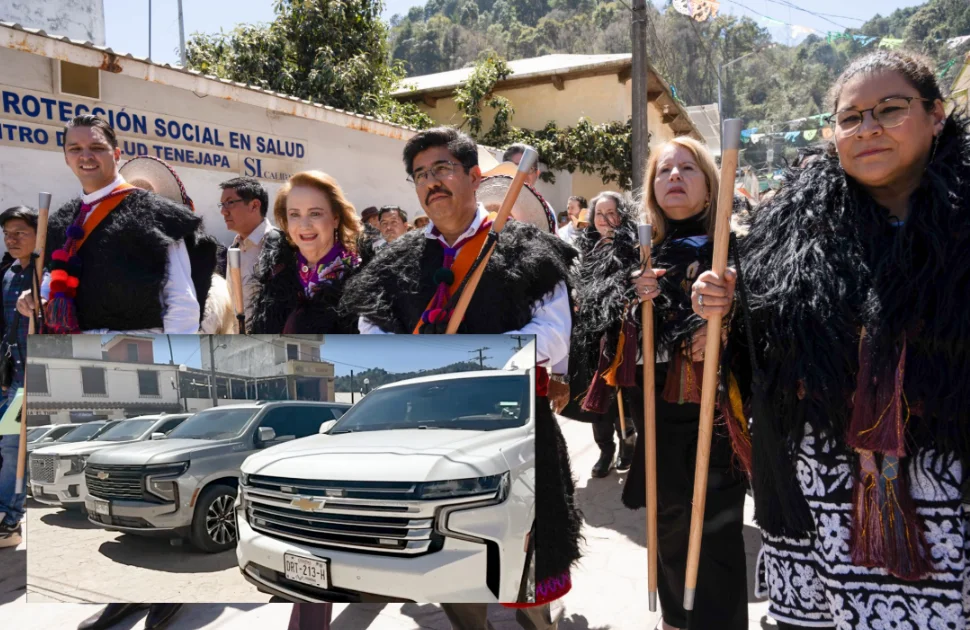 Ministros llegaron en camionetas de lujo a reunión con el pueblo.