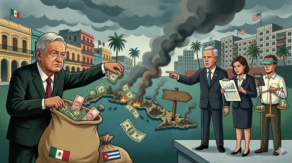 Crítica del extranjero y nacionales sobre la asociación impulsada por AMLO para supuestamente reunir dinero para Cuba. (Imagen credada con Gemini)
