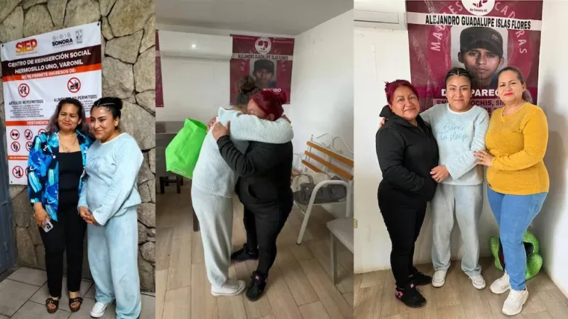 Wendy con su madre y Ceci Flores tras permanecer tres años en un penal de Sonora.