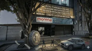 La transa en la compra de la sede nacional de Morena, según MCCI. (Imagen creada con IA)