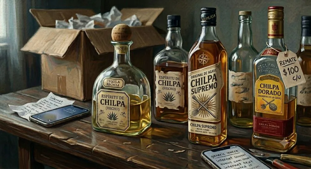 Imagen creada con IA de Gemini en torno a tequila adulterado en remate.