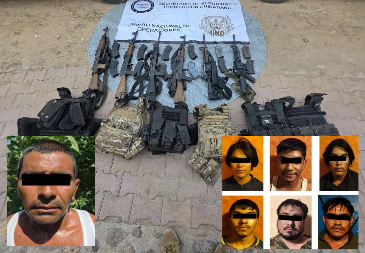 El arsenal y los detenidos tras operativo en Mazatlán.